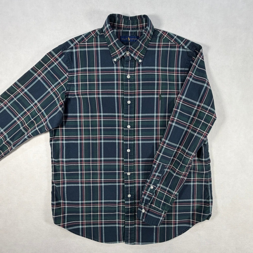 Ralph Lauren Mens Large Plaid Button Down Shirt Navy Green Long Sleeve